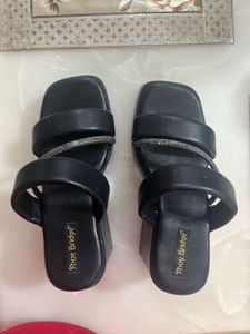 Black Platform Block Heels with Rhinestone Straps