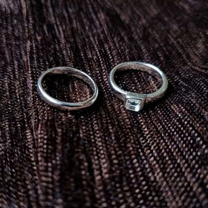 (Set of 2) Chic Silver Square Gem Ring + Band