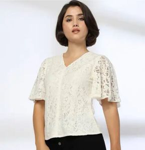 Elegant Lace V-Neck Flutter Sleeve Top