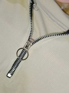 Cream Half-Zip Collared Long Sleeve Top