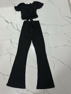 Black Ribbed Crop Top &amp; Flare Pants Set