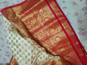 Elegant Cream &amp; Red Silk Saree