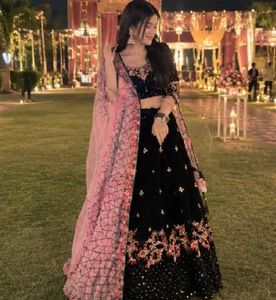 Black Velvet Lehenga Choli with instriced
