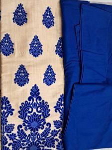 Beige &amp; Royal Blue Embroidered Raw Silk Kurti Set