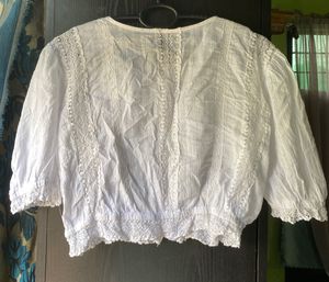 White Lace Trimmed Cropped Blouse