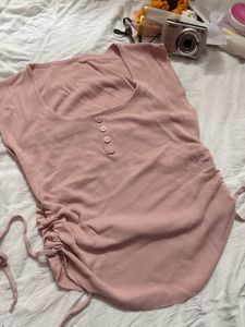 Pink Ruched Drawstring Ribbed Top