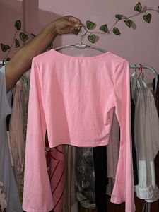 Pink Square Neck Bell Sleeve Crop Top