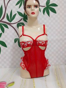 (725)Red Heart Lace Lingerie Bodysuit