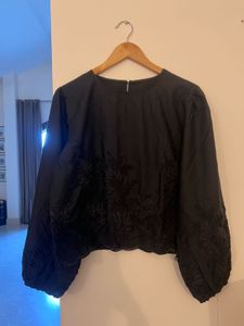 Black Embroidered Puff Sleeve Top