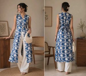 Blue Printed Sleeveless Kurta