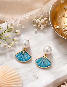 Elegant Pearl &amp; Turquoise Fan Earrings