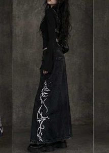 korean midi black skirt with cybersigilism art