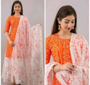 Vibrant Orange Bandhani Kurta Set with Dupatta