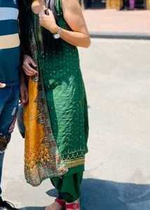 Green Sequinned Kurta Set hand striched