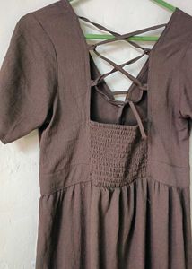 Elegant Brown Maxi Dress with Lace-Up Detail