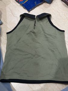 Olive Green Collared Crop Top