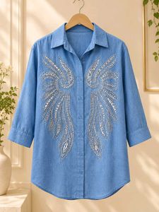 Blue Denim Shirt with Rhinestone Wings