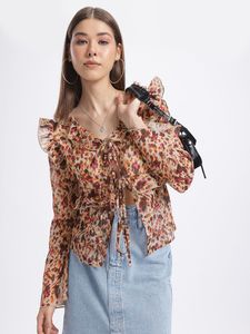 Sheer Animal Print Tie-Up Blouse