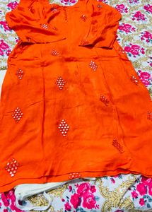 Bright Orange Mirror Work Kurta Set