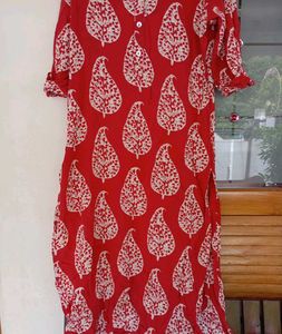 Red Block Print Cotton Kurta