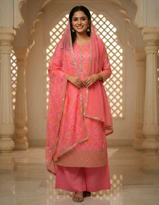 Pink Bandhani Kurta Set with Sequins