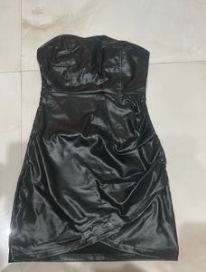Black Faux Leather Strapless Dress