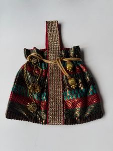 Luxury Brocade Potli Bag with Stone Jhumka Latkans