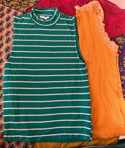 Striped Mock Neck Tank Top & Lace Trim Camisole