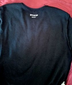 Black Ribbed T-Shirt with Heart Rhinestones