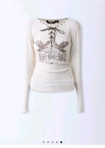 Cream Lace-Up Graphic Long Sleeve Top