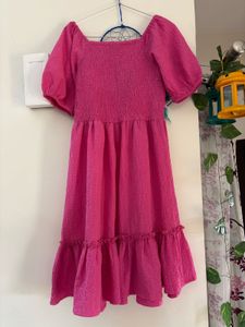 Pink Puff Sleeve Tiered Midi Dress