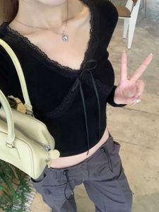 Black Lace Trim Tie-Front Top