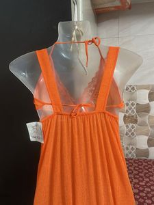 Elegant Orange Lace Trim Nightgown
