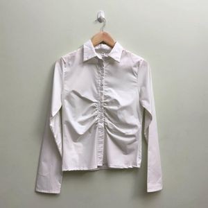 Chic White Ruched Long Sleeve Shirt