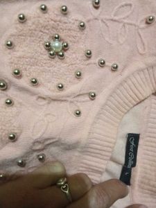 Pearl Embellished Pink Knit Sweater