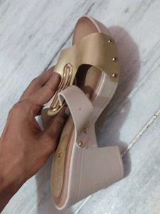Stylish Beige and Gold Wedge Sandals