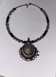 Oxidized Silver Necklace with Black Beads