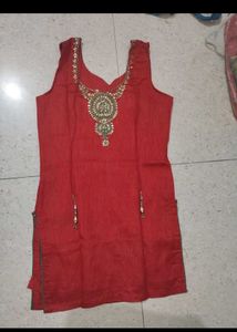 Embroidered Red Kurta with Green Salwar