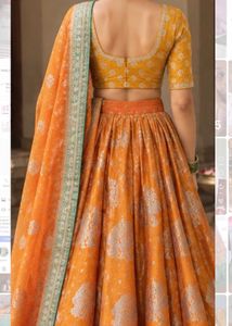 Royal Orange &amp; Emerald Green Zari Brocade Gujarati