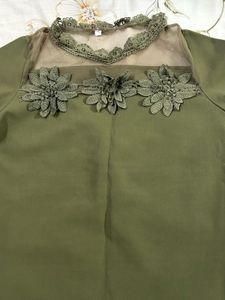 Green Ruffled Sleeve Top with Floral Detail