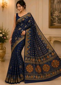 Elegant Navy Blue Printed Saree