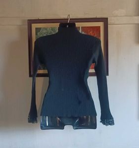 Black Ribbed Turtleneck with Lace Trim