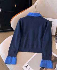 Chic Blue Knit Sweater with Layered Shirt Collar