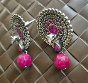 Peacock Design Earrings with Pink Stones