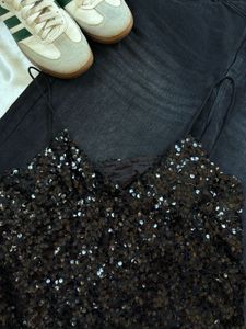 Sparkly Sequin Crop Top with Wide Leg Jeans