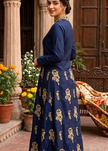 Blue Velvet gown with Gold Embroidery