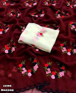 Embroidered Maroon Saree with Blouse