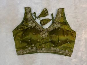 Embroidered Olive Green Organza Blouse