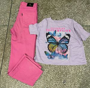 Pink Jeans and Butterfly T-Shirt Set