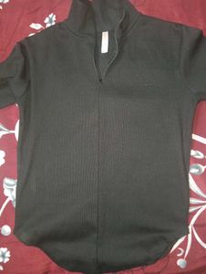 Black Ribbed Turtleneck Zip-Up Top
